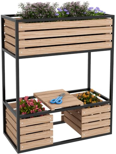Outsunny Hochbeet aus Holz 2-Stufiger mit Ablage Hellbraun 83 x 39 x 100 cm | Blumenkasten, Erhöhtes Gemüsebeet mit Innenvlies, Kräuterbeet für Garten, Balkon