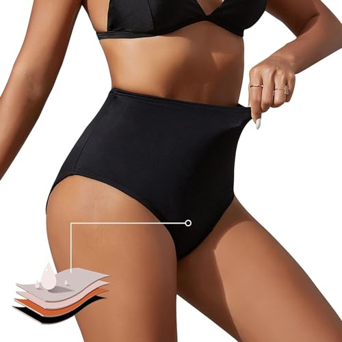 Runmeihe Period Pants for Swimming for Girls Teens Women, High Waisted Black Bikini Period Swimwear, Menstrual Leakproof Underwear, Swim Bottoms (UK, Alpha, XS, Regular, Regular, Black)