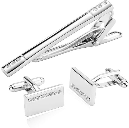 Krawattennadel und Manschettenknöpfe, Edelstahl Manschettenknöpfe Silber Rechteck Zirkonia Hemd Anzug Herren Damen Schmuck mit Geschenkbox