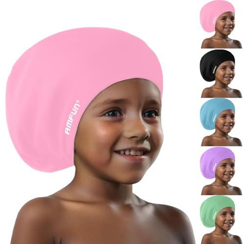 AMFUN Kids Extra Large Swimming Cap for Long Hair, 100% Silicone, Elastic Anti-slip, Hypoallergenic, Waterproof, Ear Protection, Black/Pink, 6-14 Years, Unisex-Kids, Youth