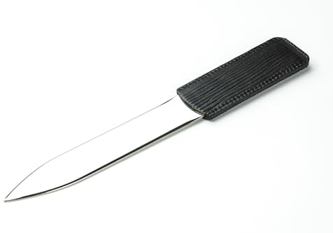 DELMON VARONE - Personalisierbarer Brieföffner 22cm mit Leder-Griff Premium Manhattan Leder Schwarz - Hochwertiger Metall Brief-Öffner Messer edel, modern - Letter Opener mit Gravur & Namen
