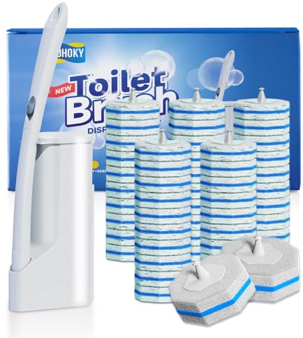 Disposable Toilet Brush Cleaning System with 50pcs Refills Pads Replacement Heads, Toilet Cleaning Stick, Wall Mounted Toliet Wand Kit Bathroom Maintenance, Toilet Bowl Cleaner Wands Holder and Set