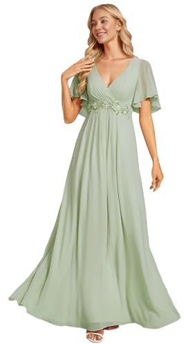 Ever-Pretty Abendkleid Elegant für Hochzeit Damen Lang Rundhalsausschnitt Abendkleider Langarm Brautjungfernkleider
