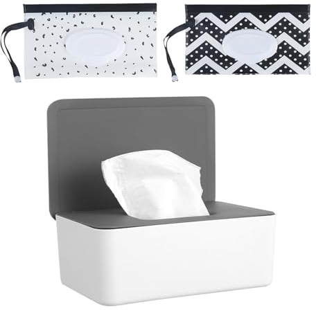 Feuchttücher Box, 1 Stück Baby Feuchttücher Box mit 2 Feuchttücher Tasche Feuchttücher Tasche Set Wiederverwendbar Wet Wipe Tasche für Unterwegs Zuhause Büro