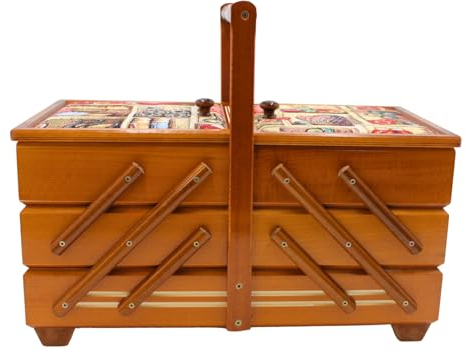 Costurero en madera contrachapada con 7 compartimentos y funda de tela, diseño de agujas en caoba, 42 x 20 x 21 cm