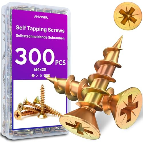 ANVINKU M4 x 20mm Wood Screws 300PCS, Countersunk Screws for Wood, Color Zinc M4 Self Tapping Screw for Furniture Repairs