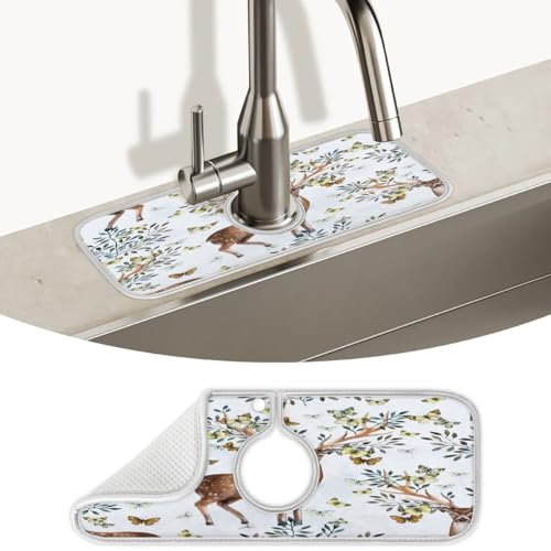Spritzschutz für Küchenspüle, Motiv: Hirsch, Schmetterling, super saugfähig, Mikrofaser, Abtropfmatte, Spritzschutz hinter dem Wasserhahn, Tropfenfänger für Küche, Badezimmer, 38,1 x 13,7 cm