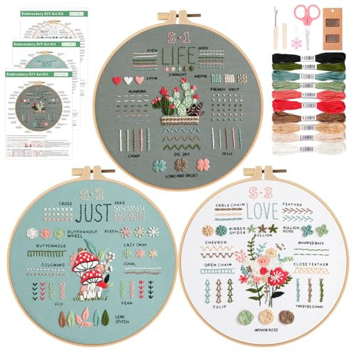 JSRQT 3 Pezzi Kit di Ricamo per Principianti Adulti Bambini, Kit per Pratica di Ricamo per Imparare 35 Punti Diversi, Kit di Punto Croce Ricamo Starter Fatto a Mano con Istruzioni Cerchio Ago e Filo
