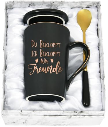 Diztoud Geschenk für Freund Weihnachten, Geschenke für Freunde, Freundin, Kollegin Tasse mit Spruch Du Ich Bekloppt Wir Freunde, 400ML Keramik Marmorbecher mit Deckel, Löffel und Geschenkbox, Schwarz