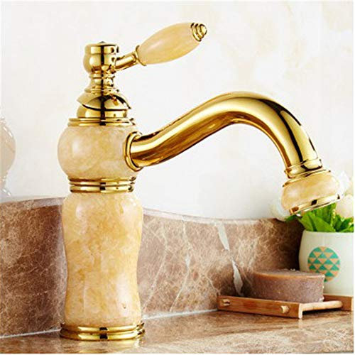 ABNNHK Cold and Hot Water Mixer Faucet Archaized Single-Hole Table Top Basin Retro Jade Bathroom Sink Faucet Single-Handled Single-Connected Belt Aerator,Rose Jin Baiyu (Big Elbow Topaz)