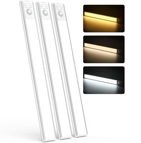 MoKo Schrankbeleuchtung Led, 30 cm, Bewegungsmelder, 3 Stück | Unterbauleuchte Küche LED mit drei Lichtfarben und stufenloser Dimmung; unterbauleuchte küche led 3 stück 30cm mit USB-C