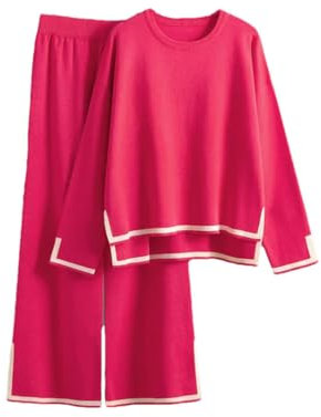 Conjunto de pantalones de punto para mujer, conjunto de dos piezas, holgados, de manga larga, pantalones acampanados, trajes casuales para mujer, fucsia, Talla única