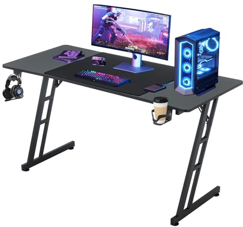 Gamer Tisch 140x60cm，Z-Frame Gaming Schreibtisch，Computertisch PC mit Getränkehalter,Kopfhörer Haken Kohlefaserbeschichtung，Stabiler PC Schreibtisch Ergonomischer für Home Office，Gaming Tisch