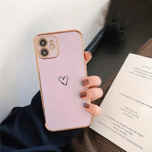 HUUMAGIC Custodia morbida placcata in oro con motivo a cuore per iPhone 16 15 11 12 13 14 Pro 7 8 Plus X Xs Xr Mini SE 2, rosa, per iPhone 11