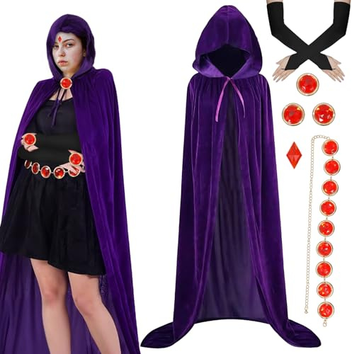 AENEY Teen Titans Raven Cosplay-Costume, 7-piece purple Raven Anime Cape with Hood and Red Gemstone Belt, Long Gloves, Costume for Adult Women (Small - 130cm)