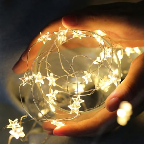 ENLACE Lichterkette Sterne, 2M 20 LED Micro Stern Draht Lichterketten, Lichterkette Kinderzimmer Batteriebetrieb, Warmweiß Dekolicherkette für Kinderzimmer, Schlafzimmer, Hochzeit, Weihnachten Deko