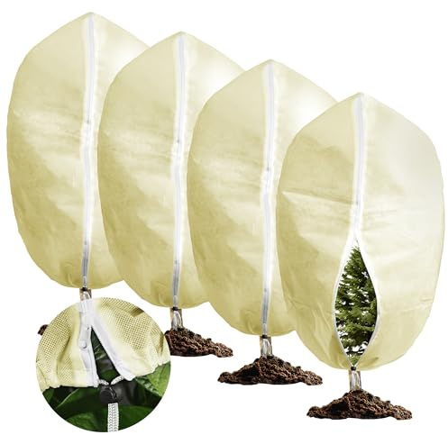 Chumix 4 Stück Winterschutz für Pflanzen, 60 * 80cm Pflanzenschutz Winter | Winterschutz Kübelpflanzensack, Atmungsaktiv 80 g/m² Frostschutz Pflanzenabdeckungen mit Reißverschluss und Zugband Beige