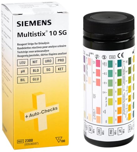 Multistix 10 SG Strisce reattive per analisi urine - 100 Pz - 10 Parametri Completi - pH, Proteine, Glucosio, Chetoni, Bilirubina, Urobilinogeno, Emoglobina, Nitriti, Leucociti, Densità (100)