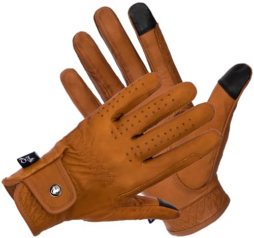 EQUESTRIAN QUEEN Reithandschuhe Leder Touchscreen – Atmungsaktive, natürliche Lederhandschuhe mit Verstärkung, Perfekter Grip & Touch-Funktion - Mauritius (Braun, M)