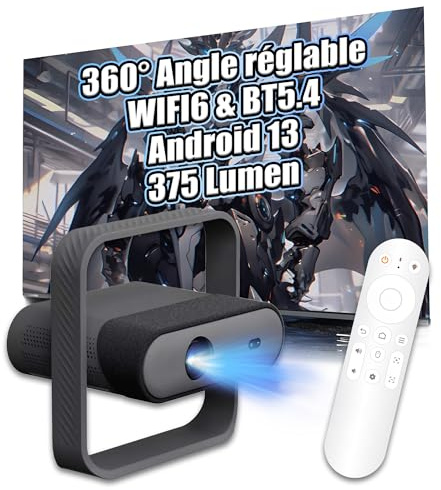 NSL03 Projecteur Vidéo Intelligent avec Enceinte Bluetooth et Wi-FI, Puce MT9266, 375 Lumens, 1080P, Android 13 Projecteur sans Fil pour Chambre, Home Cinéma, Extérieur, Angle Réglable à 360° (Noir)