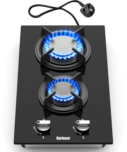 Karinear 2 Burner Gas Hob 30cm with LPG Replace 3500W | Crystal Glass Cooktop,Knob Control, NG Original Nozzle