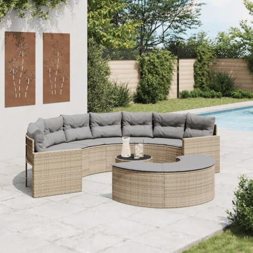 Yunovire 3-TLG. Garten-Sofagarnitur Halbrund Beige, Poly-Rattan Lounge-Set mit Couch, Tisch, Hocker, UV-beständig für Balkon, Terrasse, Garten