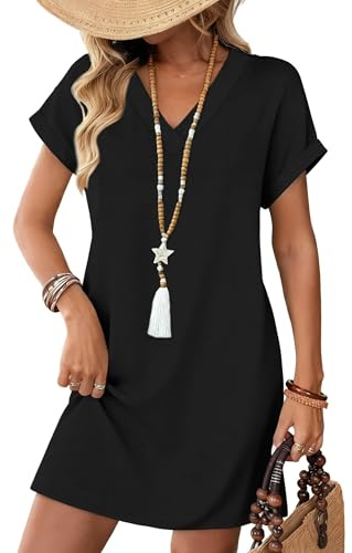 Cuptacc Robes Femmes Dété Col en V Robe Mi Longue Noir M