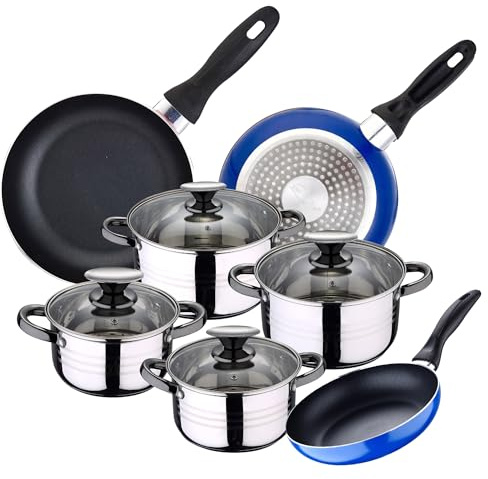Batería de Cocina 4 cacerolas (1,9L + 2,7L + 3,5L + 5,1L) con 4 Tapas de Vidrio y 3 sartenes Ø16Ø20Ø24 en Acero Inoxidable apta para inducción