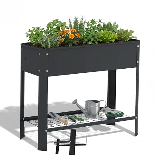 HENGMEI Jardinera elevada para jardín de metal con estante, robusta caja de cultivo para verduras y hierbas, ahorra espacio para balcón, ideal como espiral de hierbas y jardinera para balcón, 80 x 35