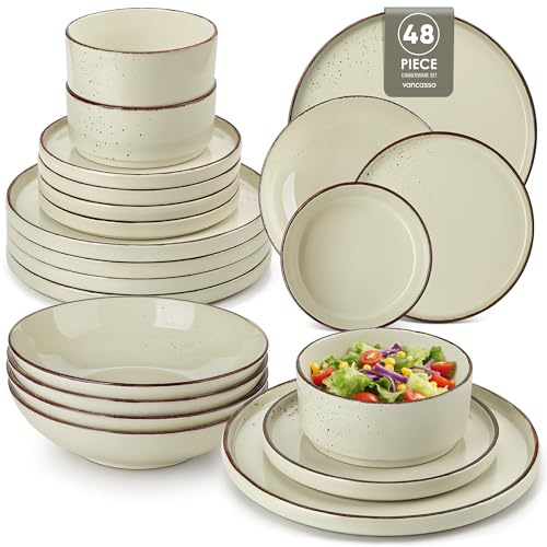 vancasso Navia Plates and Bowls Set, 48 Piece Vintage Stoneware Dinner Sets for 12 People, Chip Resistant Dinnerware Sets Crockery Set, Microwave & Dishwasher Safe Tableware, Speckled Cream