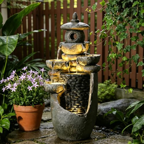Bumilgar Pagoden-Gartenbrunnen mit LED, Harz elektrischer Springbrunnen, Wasserfall-Design in Steinoptik, Indoor & Outdoor Deko Brunnen für Balkon, Wohnzimmer und Veranda, Grau, 62 H cm