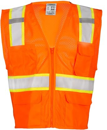Kishigo Men's High Visibility Reflective All Mesh Contrast Vest 1196, Zipper Closure, Polyester, ANSI 107 Type R / Class 2, Multiple Pockets, Roadwork, Utility, Emergency Response (Orange, L)