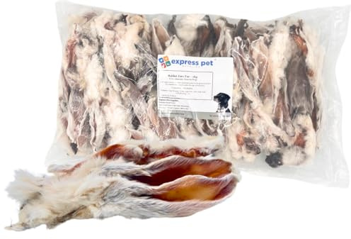 Express Pet Supplies Kaninchenohren natur mit Haar/Fell, 200 g (10-14 Ohren), hypoallergenes Kauspielzeug für Hunde