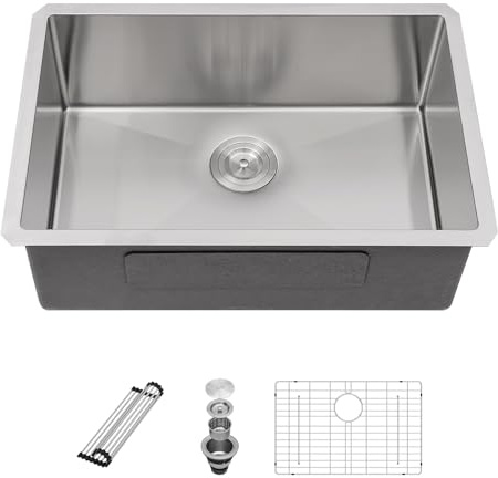 Sarlai 26 Inch Undermount Kitchen Sink- 26x18 Inch Undermount Stainless Steel16 Gauge Single Bowl Under Counter Kitchen Sink Round Corner Basin