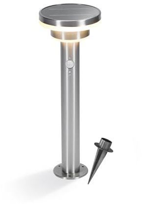 Esotec Solar Wegeleuchte Standleuchte Bewegungsmelder Modena 45, PIR 102754 | Solar Wegeleuchte Ø16x46cm, PIR 120°/6-8m, 3000K, 20-600lm, 3 Modi, 1,8Wp Solarmodul, LiFePO4 Akku wechselbar, Edelstahl