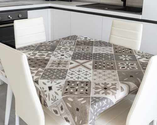 Tata Home Tovaglia Plastificata Antimacchia con Mollettone Antiscivolo Lavabile Impermeabile Fantasia Mattonella Rettangolare 140x210 cm Dis.6 Maioliche Colore Beige