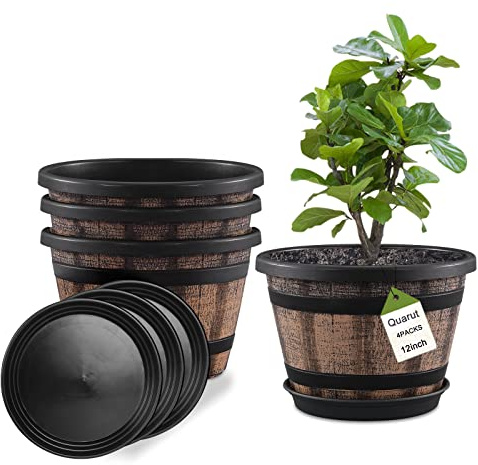 Quarut Plant Pots Set of 4 Pack 12 inch,Large Whiskey Barrel Planters with Drainage Holes & Saucer.Plastic Flower Pots Imitation Wine Barrel Design, for Indoor & Outdoor Garden Home Plants (Brown)