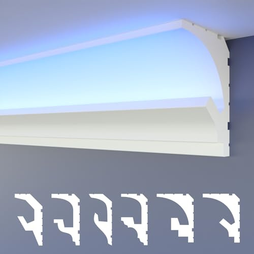 HEXIMO LED molduras de estuco 2en1, iluminación indirecta molduras de techo XPS poliestireno perfil de iluminación abombado (20,4 Metros HLED 1)