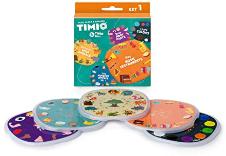 TIMIO Disc Set # 1: 5 Discos de Audio para el TIMIO Player , Aprende Colores, Animales Salvajes, Instrumentos Musicales, 96 Rimas Infantiles Vol. 1, Partes del Cuerpo , 8 Idiomas incluidos ,2 - 6 años