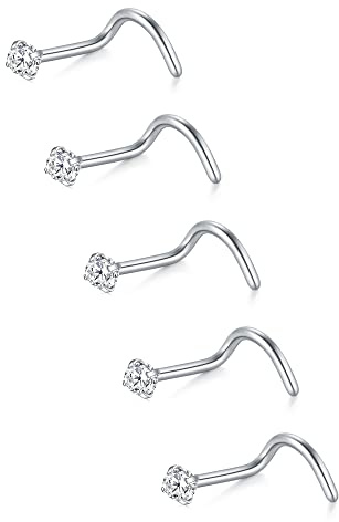 VFUN 22 Gauge 20Gauge Nose Stud L Shaped Straight Bone Screw Nose Ring Stainless Steel Sterling Silver Nose Studs for Women Clear Diamond CZ 1.5/2/2.5/3MM Corkscrew Nostril Piercing Jewellery