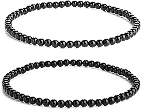 Apocalyptic-K Damen Schwarzer Stein Fußkettchen, 4MM, 2 Stück，9,45 Zoll, Schwarzer Turmalin Fußkettchen (Turmalin-Fußring，2pcs)