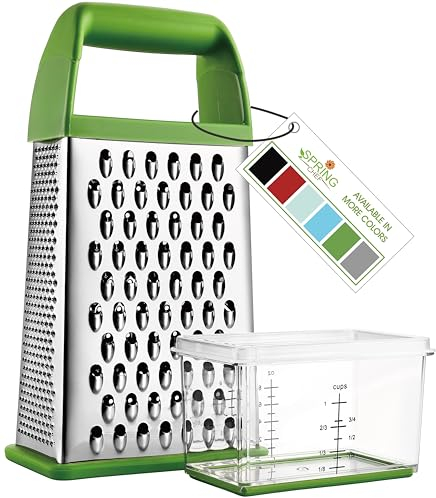 Spring Chef Professional Green 10 Parmesan Cheese Grater With Container, Stainless Steel Food Grater for Kitchen with Handle, 4 Sided Carrot Shredder, Handheld Vegetable & Cabbage Shredder