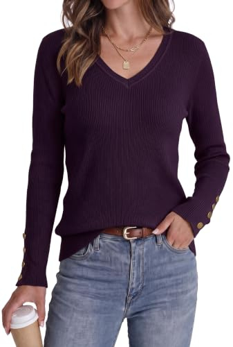 Newshows Pullover Damen Herbst V-Ausschnitt Strickpullover | Langarm Winterpullover Damen, Gerippt Damenpullover mit Knopf