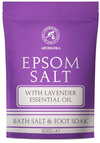 Sal de baño de Epsom 1000g - Sal de Baño de Epsom con Aceite Esencial de Lavanda - Sulfato de Magnesio Concentrado - Calmante y Alivia la Fatiga - Sales de Baño - Relajantes - Cuidado de Piel