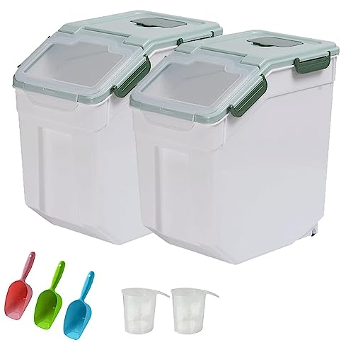 YXQ Contenitore grande per farina, 11,3 kg, confezione da 2 contenitori ermetici in plastica con ruote con coperchio di chiusura, dispenser con misurino e paletta per farina, riso, cereali, capacità
