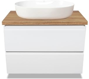 VBChome Badezimmerschrank 80x45 cm Weiß – Waschbeckenunterschrank mit Keramik-Waschbecken (61x41 cm) – 2 Schubladen, Gefräste Griffe, Hängeschrank mit Arbeitsplatte – Modernes Design