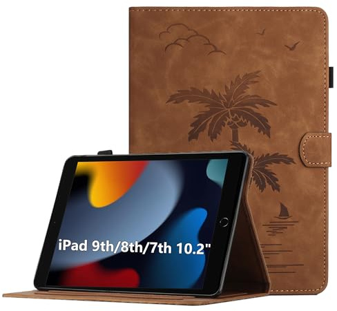 Oduio Hülle für iPad 9./8./7. Generation (2021/2020/2019), Premium PU Leder Multi-Winkel Folio Schutzhülle mit Kartenschlitz und Auto Schlaf/Wach Funktion für iPad 10,2 Zoll, Braun