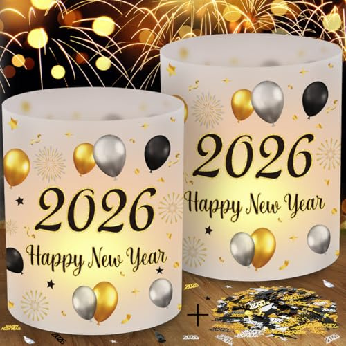 12 Windlichter Silvester Deko Tisch + 15g Konfetti Happy New Year Schwarz Gold, Tischdeko 2026, Party Zubehör für Silvester 2026