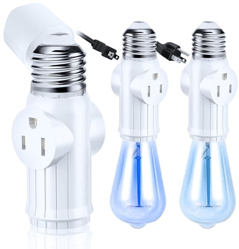 2 Packs Light Bulb Plug Adapter, Screw in E26 E27 Light Socket to Plug Adapter for Expanding 2&3 Prong Sockets, Safety Performance Light Socket Adapter for Patio, Garage, Porch (White)