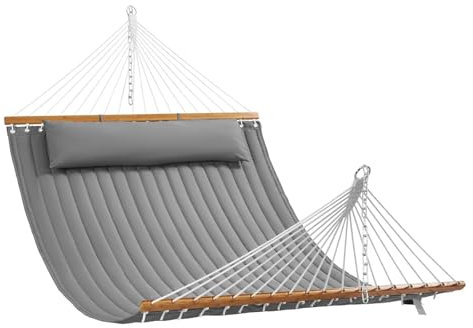 Portable Hammock Durable Two Person Hammock with Hardwood Spreader Bar Detachable Pillow Stylish Quilted Fabric Camping Hammocks for Adults for Backyard,Garden,Patio,Poolside,and More